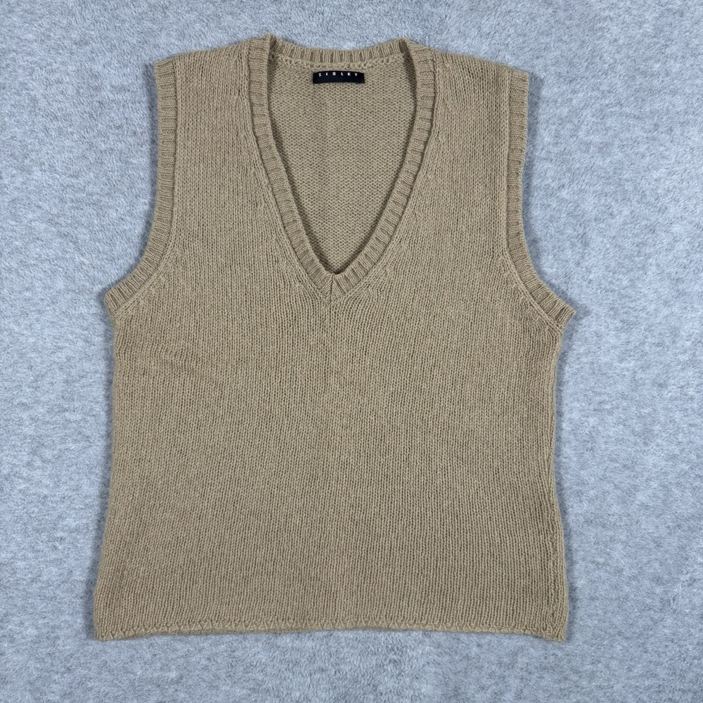 Sisley Women's Pure New Wool Sweater Vest Size S Beige V-Neck Knit Pullover